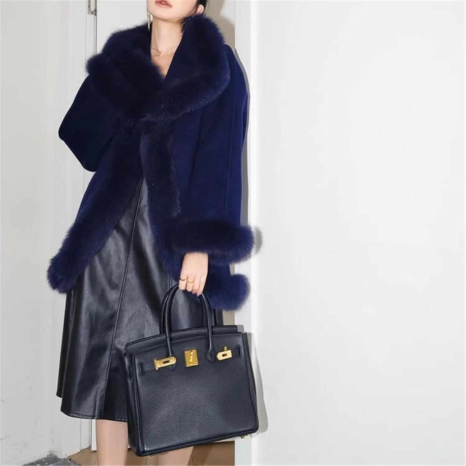 FURINFASHION D-17 Women's Winter Warm Short Wool Blend Fashion Coat With Fluffy Real Fox Fur Trim Luxury Cape Sexy Jackets (4XL, Navy Blue)