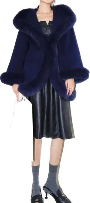 FURINFASHION D-17 Women's Winter Warm Short Wool Blend Fashion Coat With Fluffy Real Fox Fur Trim Luxury Cape Sexy Jackets (4XL, Navy Blue)