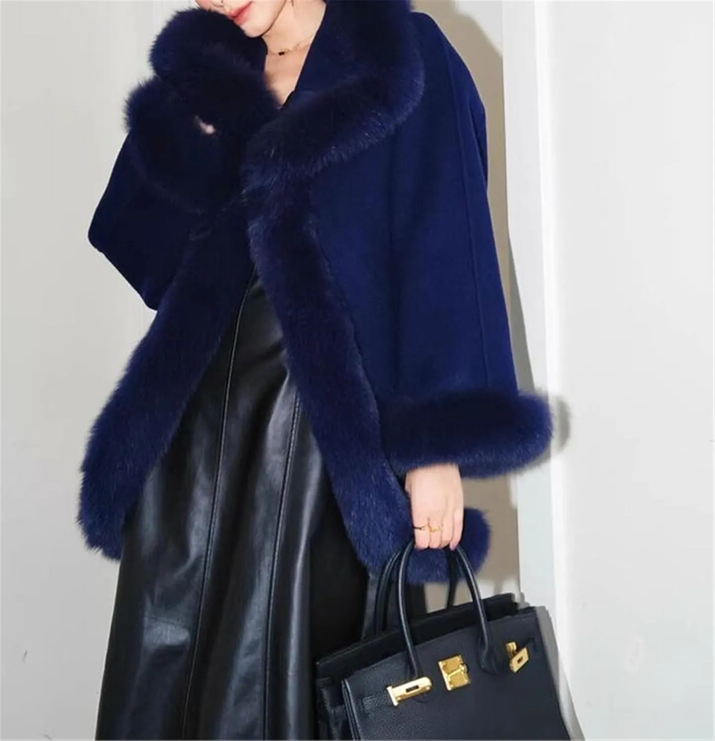 FURINFASHION D-17 Women's Winter Warm Short Wool Blend Fashion Coat With Fluffy Real Fox Fur Trim Luxury Cape Sexy Jackets (4XL, Navy Blue)