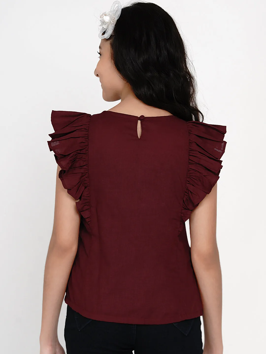 Girl's Maroon & Black Embroidered Top - Bitiya By Bhama