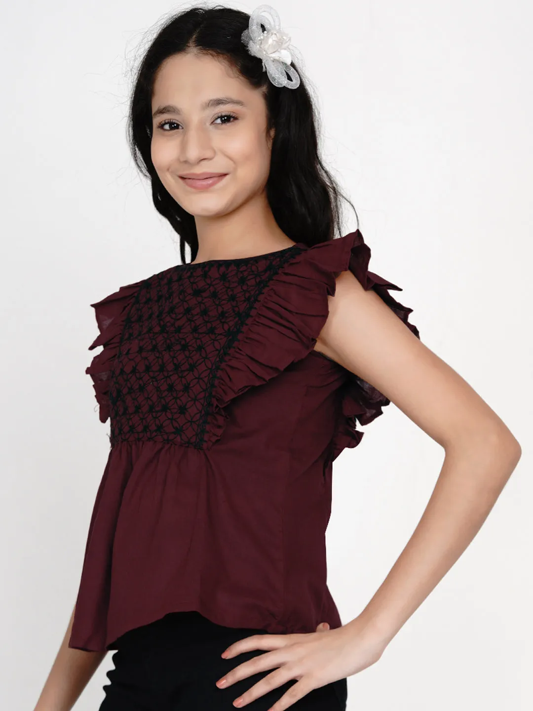Girl's Maroon & Black Embroidered Top - Bitiya By Bhama