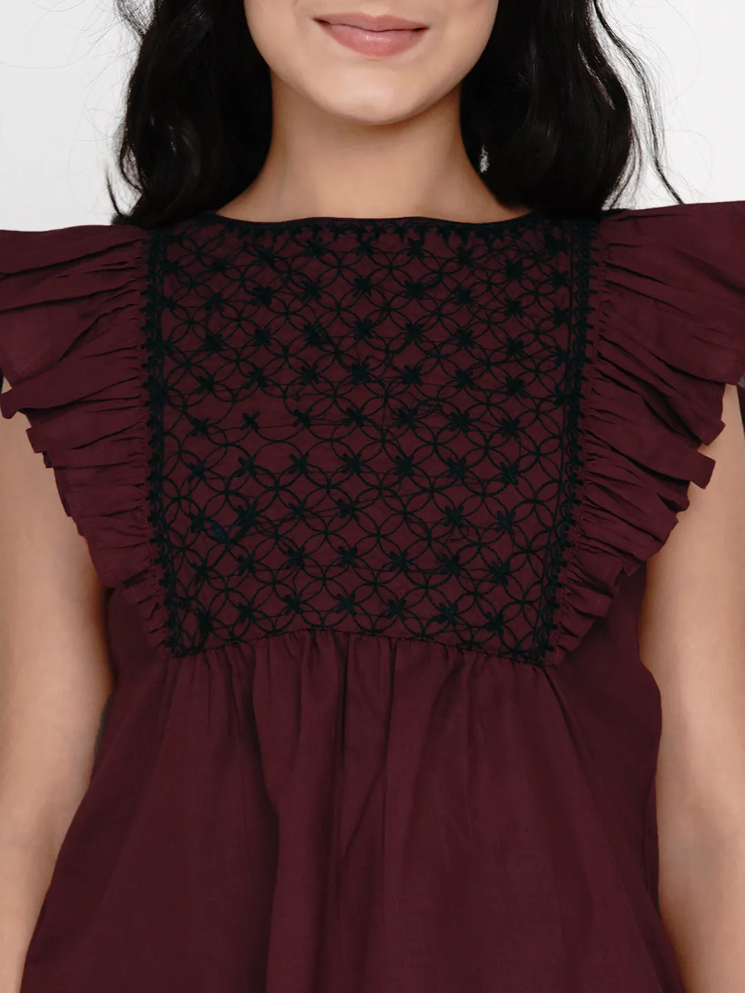 Girl's Maroon & Black Embroidered Top - Bitiya By Bhama