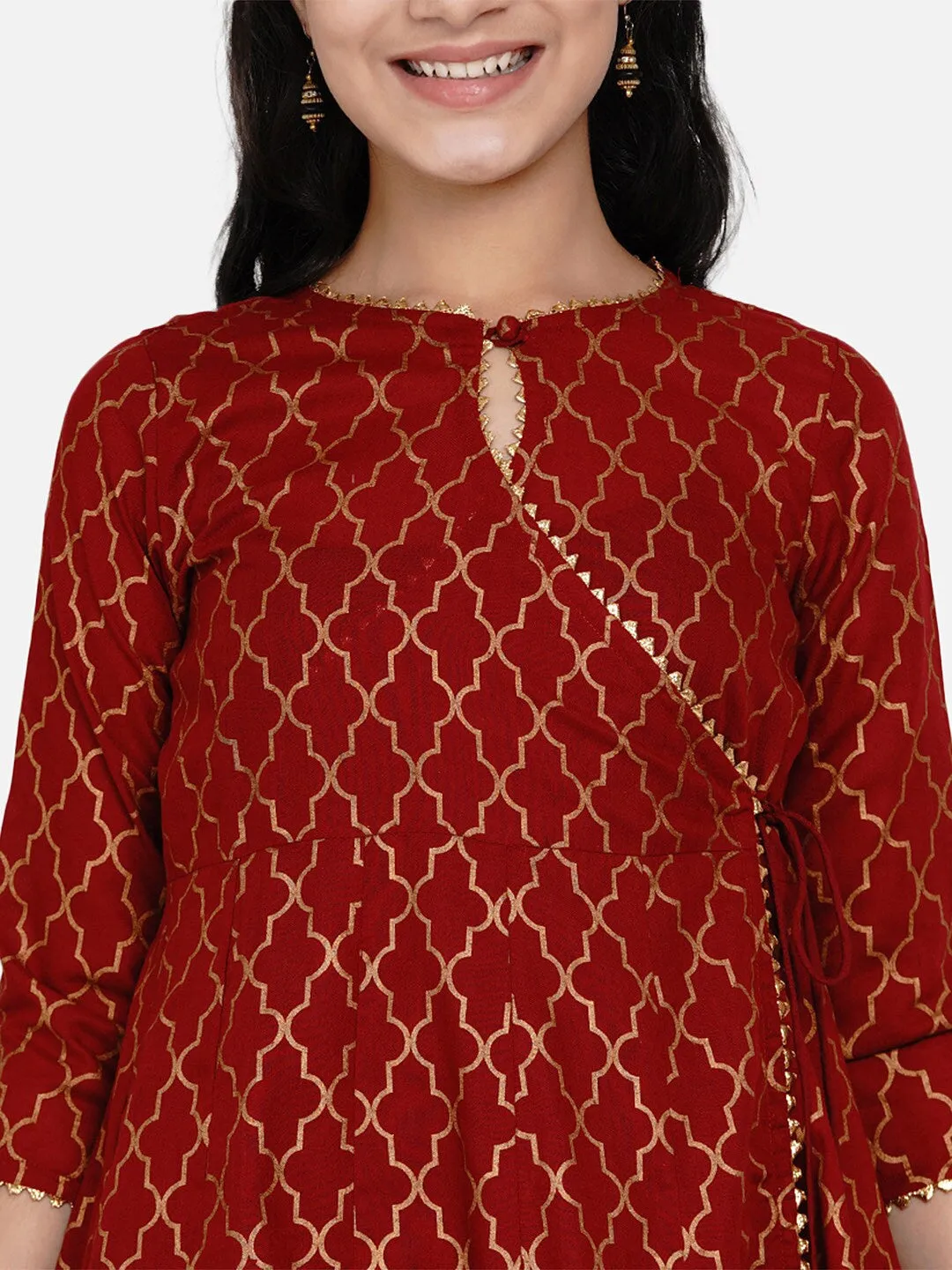 Girl's Maroon & Gold Ethnic Motifs Foil Print Anarkali Kurta With Palazzos - NOZ2TOZ KIDS