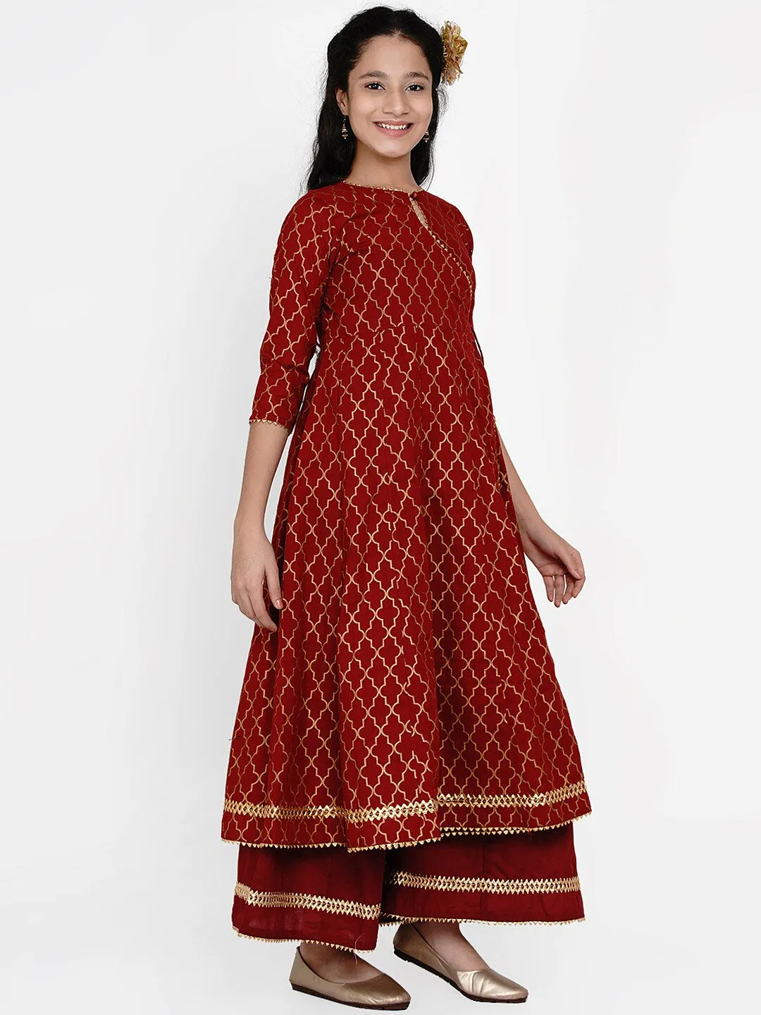 Girl's Maroon & Gold Ethnic Motifs Foil Print Anarkali Kurta With Palazzos - NOZ2TOZ KIDS