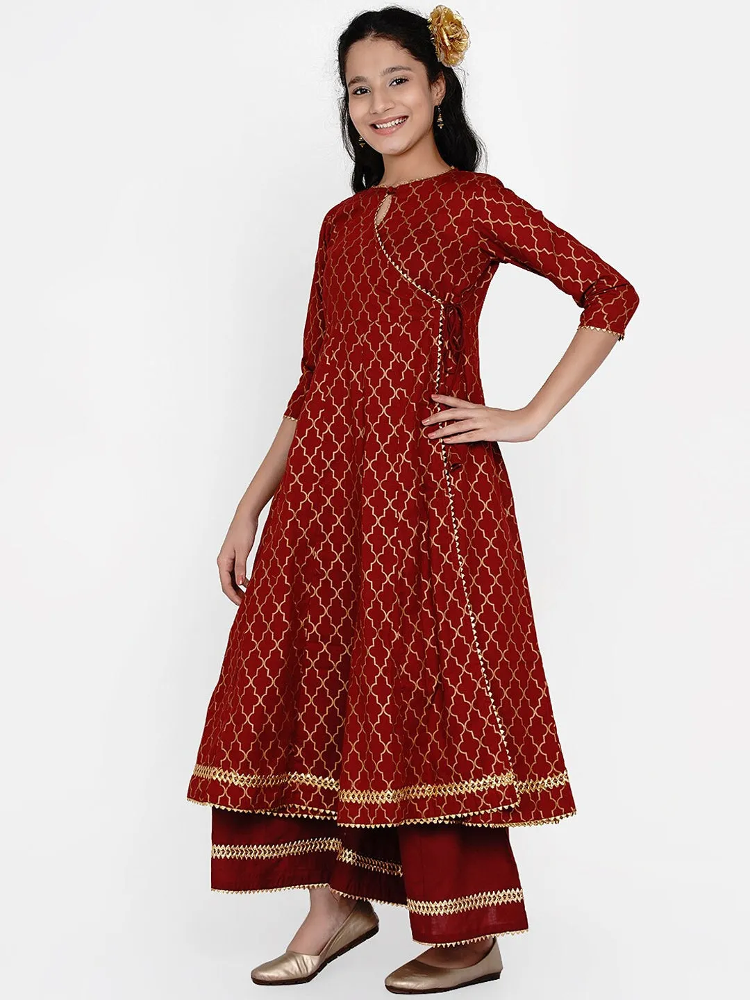 Girl's Maroon & Gold Ethnic Motifs Foil Print Anarkali Kurta With Palazzos - NOZ2TOZ KIDS