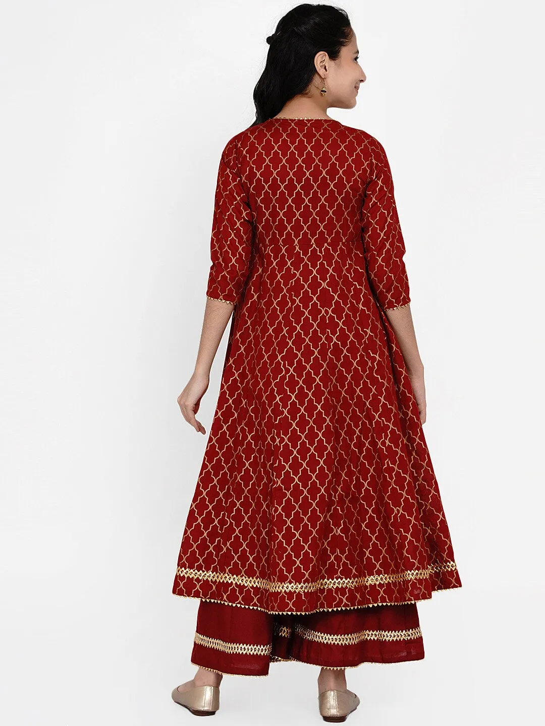 Girl's Maroon & Gold Ethnic Motifs Foil Print Anarkali Kurta With Palazzos - NOZ2TOZ KIDS
