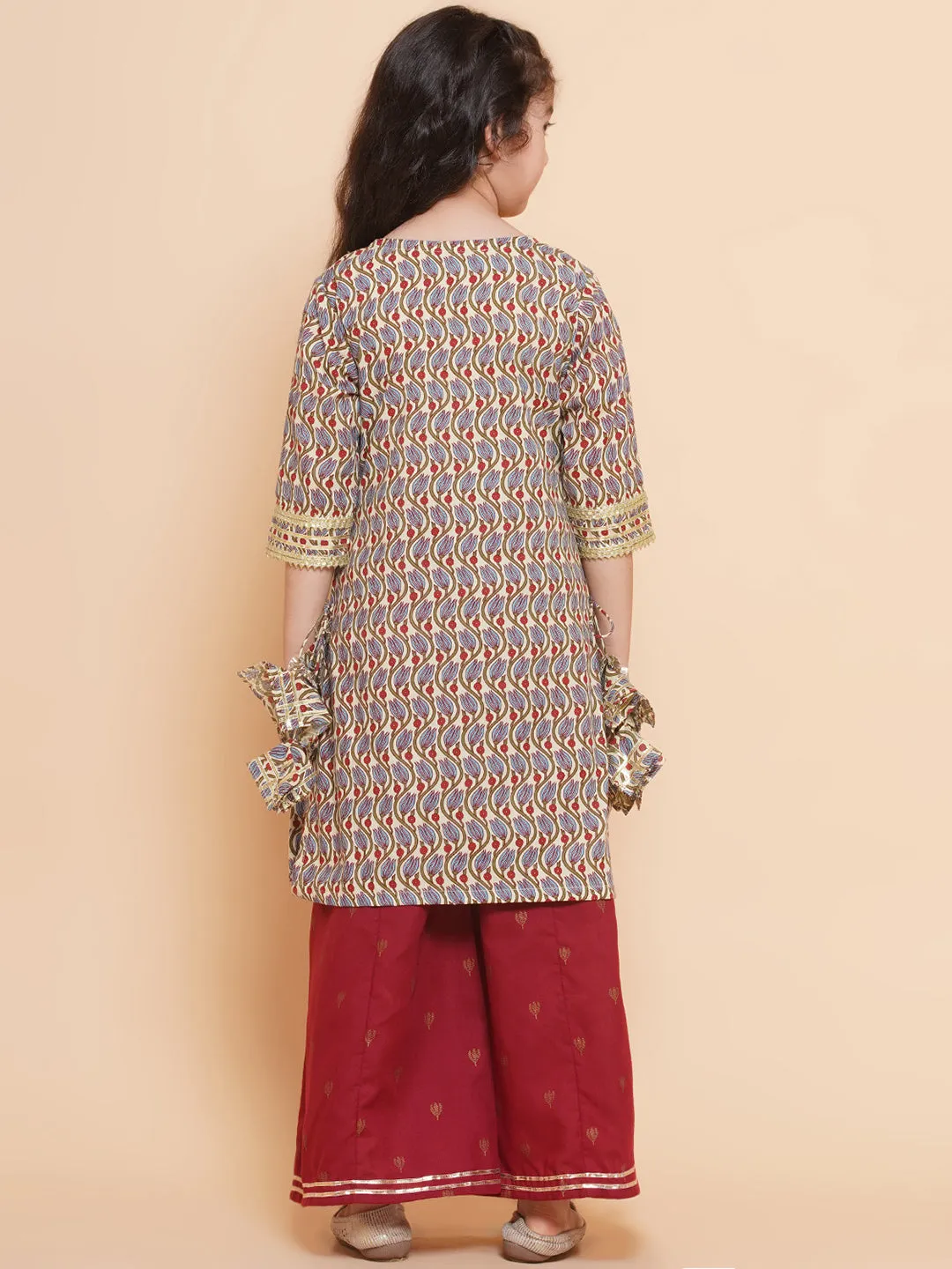 Girls Maroon Floral Printed Cotton Kurta with Sharara