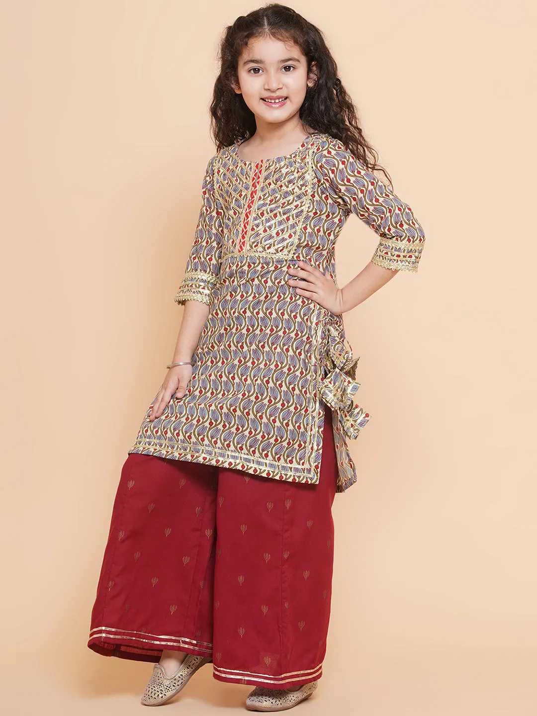 Girls Maroon Floral Printed Cotton Kurta with Sharara
