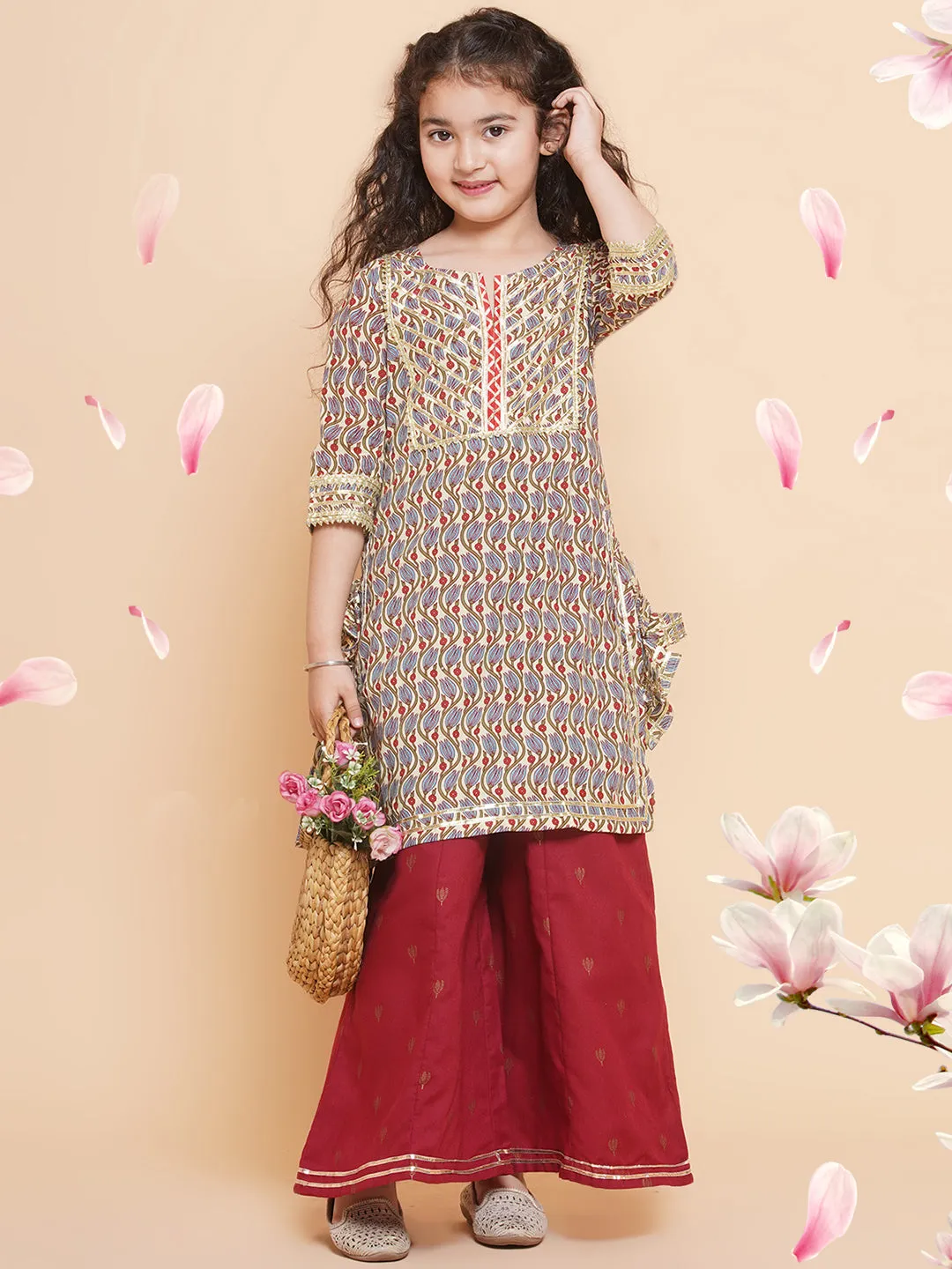 Girls Maroon Floral Printed Cotton Kurta with Sharara