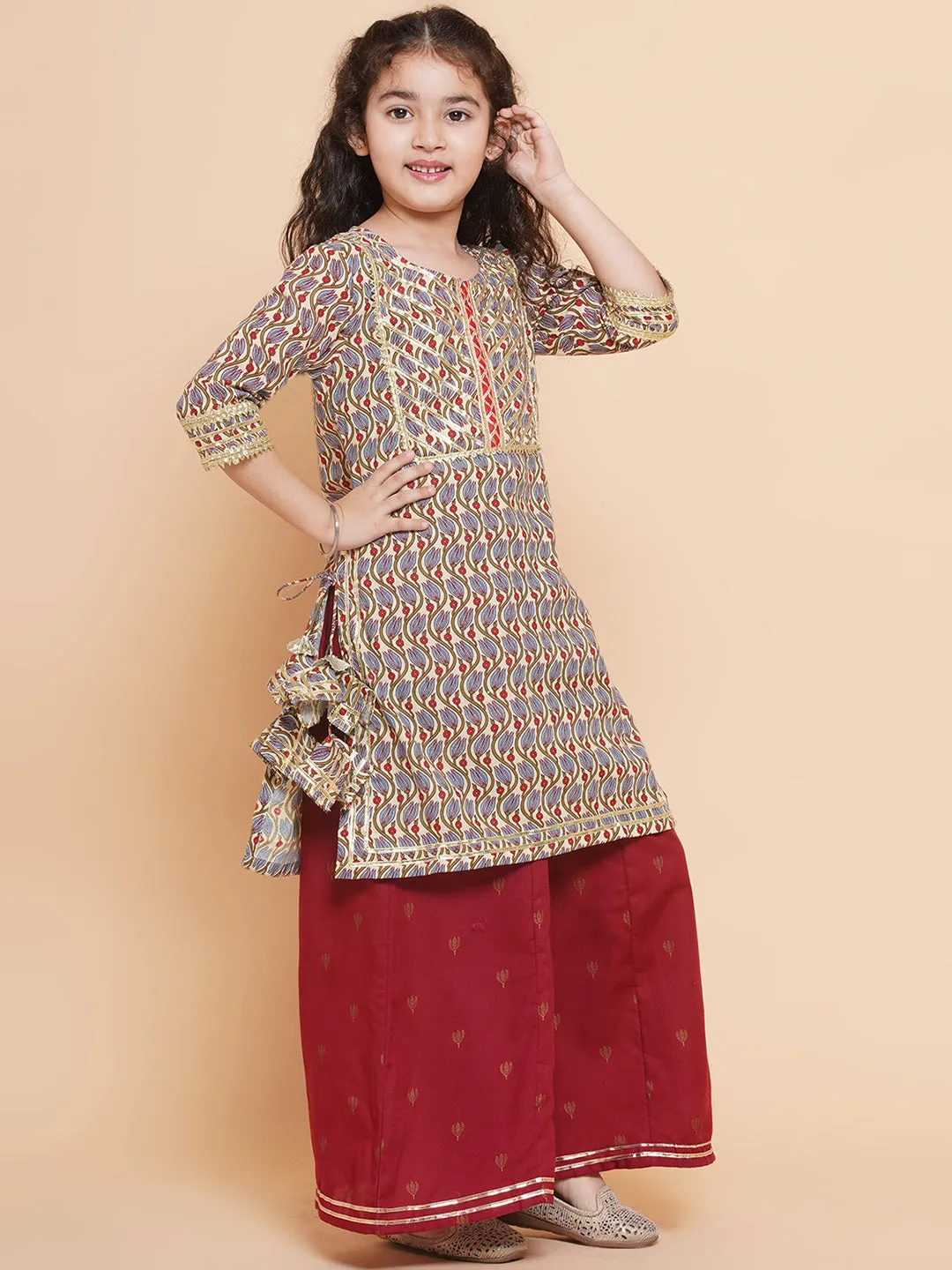 Girls Maroon Floral Printed Cotton Kurta with Sharara
