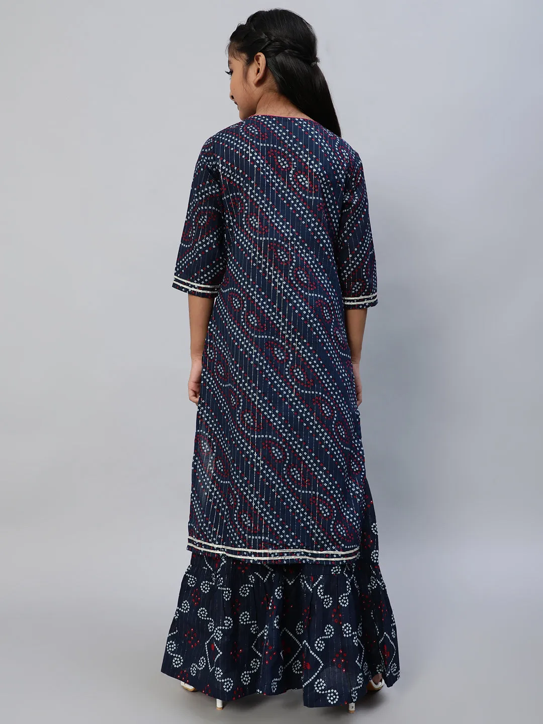 Girl's Navy Blue Bandhani Print Kurta With Palazzo - Aks Girls