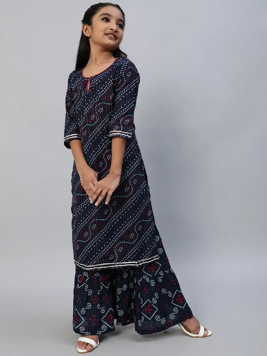 Girl's Navy Blue Bandhani Print Kurta With Palazzo - Aks Girls