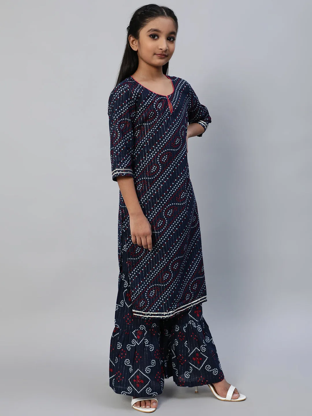 Girl's Navy Blue Bandhani Print Kurta With Palazzo - Aks Girls