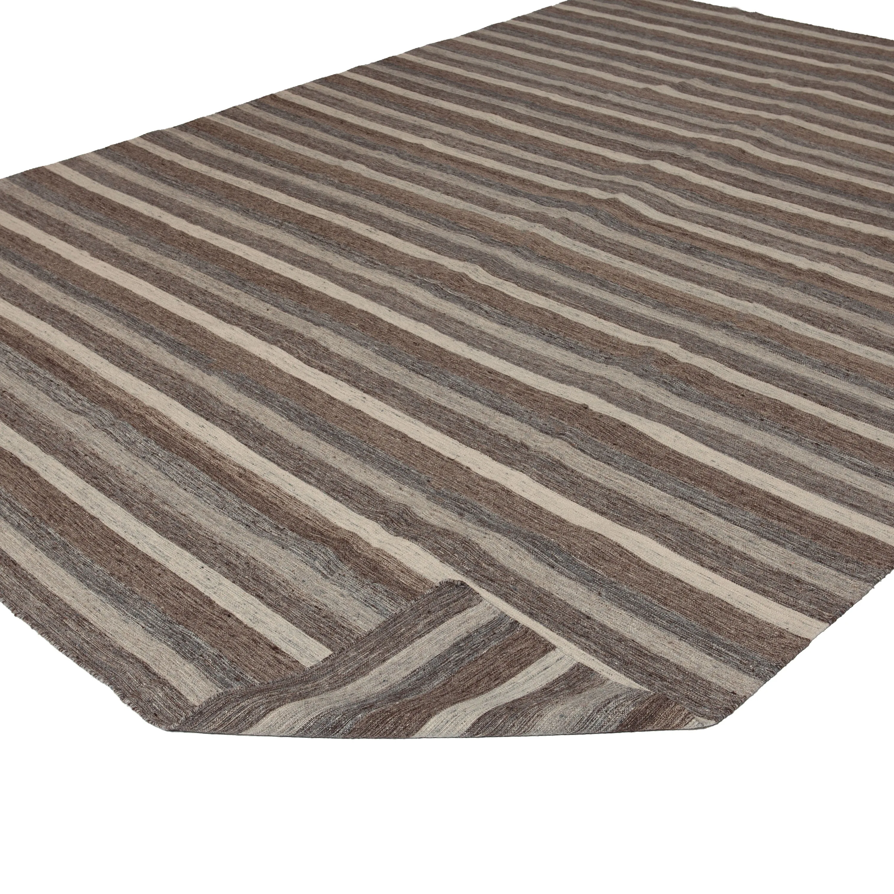 Grey and Brown Striped Modern Silk Rug - 9' x 12'