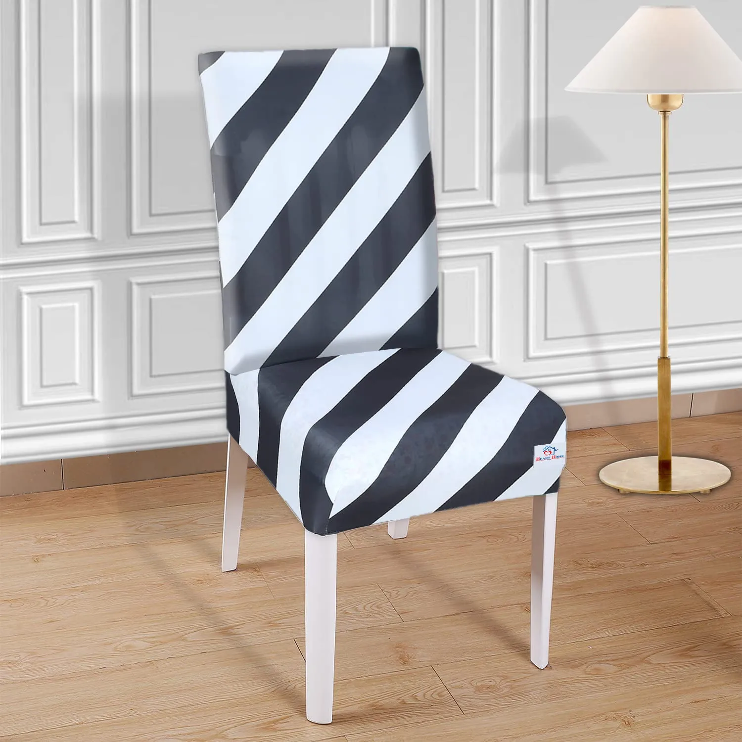 Heart Home Strip Printed Elastic Stretchable Polyster Chair Cover for Home, Office, Hotels, Wedding Banquet (Black & White)-50HH0935