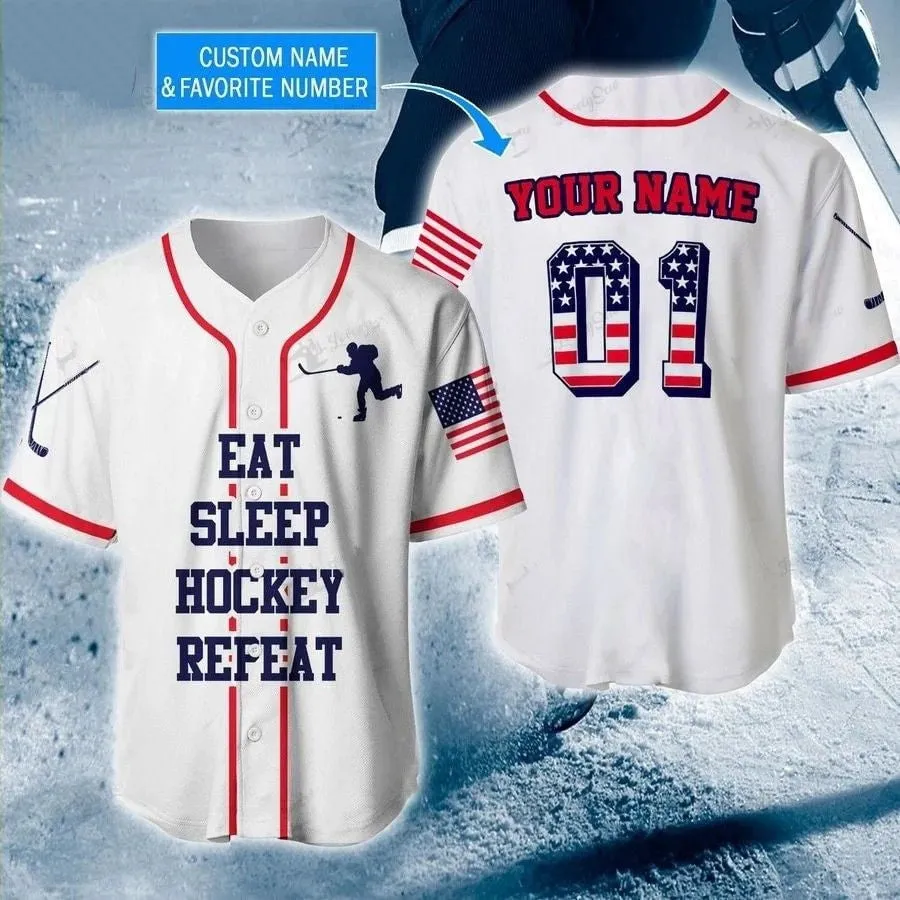 Hockey Eat Sleep Flag Personalized Baseball Jersey, American Flag Hockey Shirt