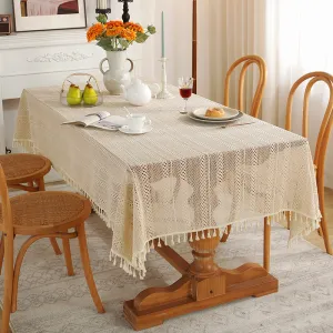 Hollow Pastoral Tablecloth Lace Cover Towel Solid Color Simple Tassel Tablecloth Ins Style Vintage Stripe