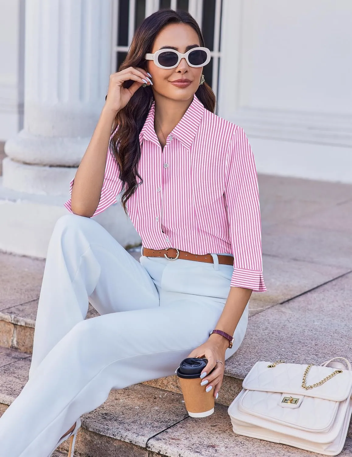 HOTOUCH Women Button Down Shirts 3/4 Sleeve Basic Business Dress Shirt Slim Fitted Classic V Neck Button Up Work Blouse Tops