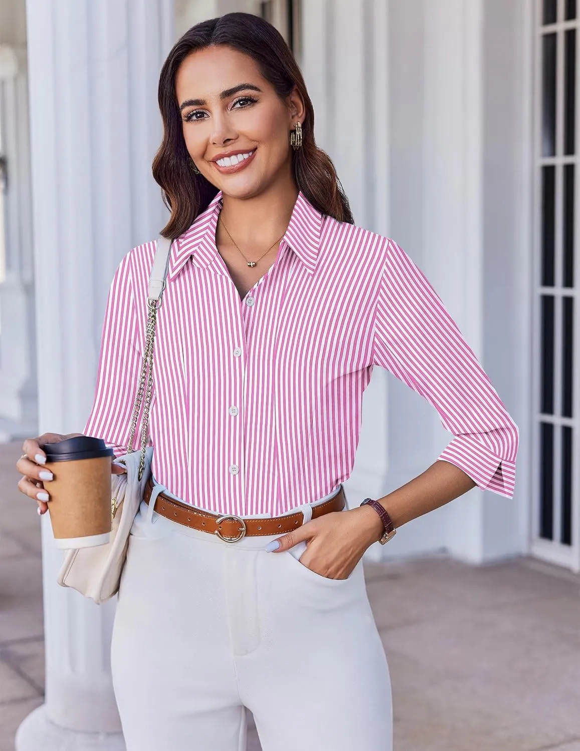 HOTOUCH Women Button Down Shirts 3/4 Sleeve Basic Business Dress Shirt Slim Fitted Classic V Neck Button Up Work Blouse Tops
