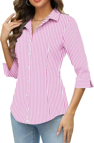 HOTOUCH Women Button Down Shirts 3/4 Sleeve Basic Business Dress Shirt Slim Fitted Classic V Neck Button Up Work Blouse Tops