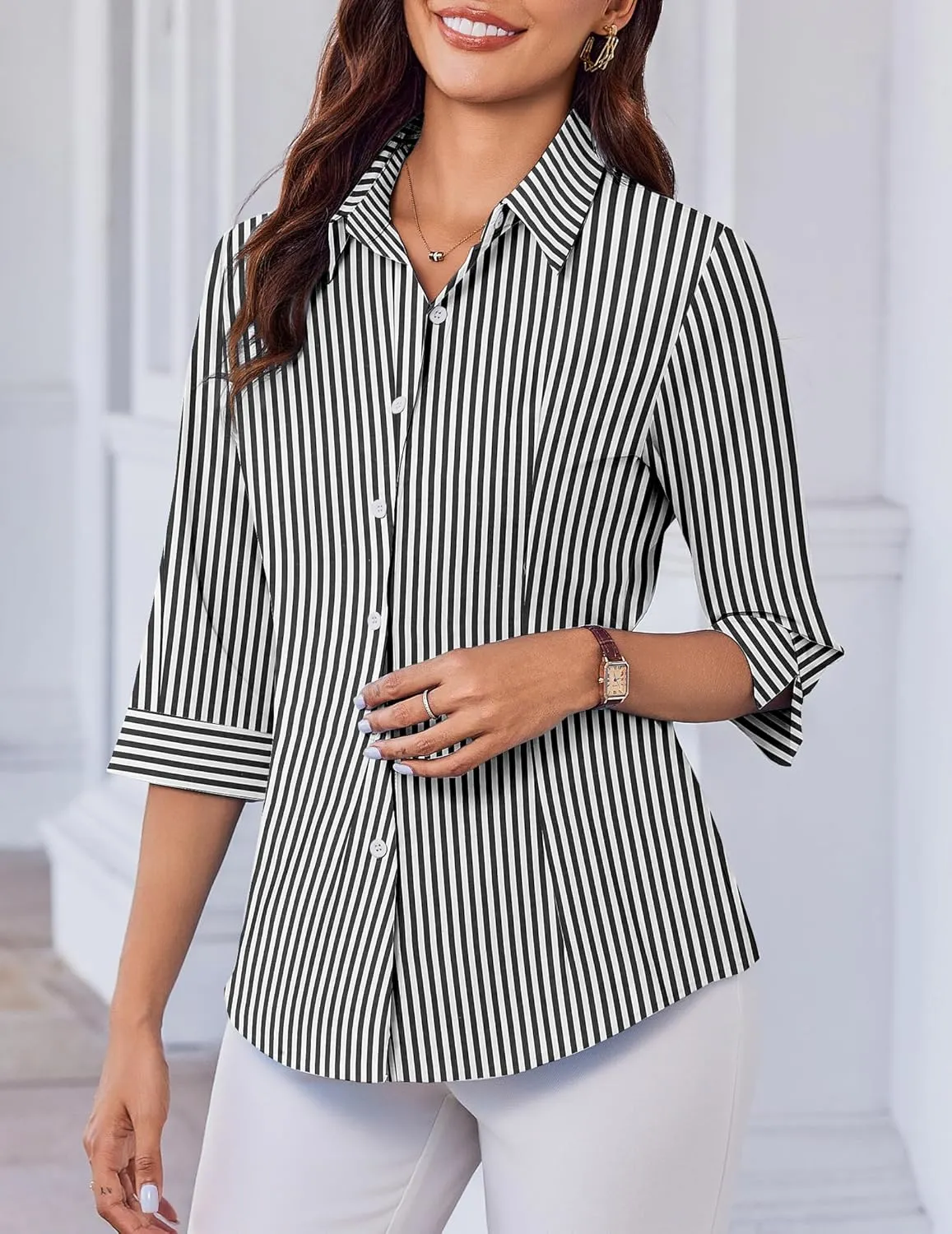 HOTOUCH Women Button Down Shirts 3/4 Sleeve Basic Business Dress Shirt Slim Fitted Classic V Neck Button Up Work Blouse Tops