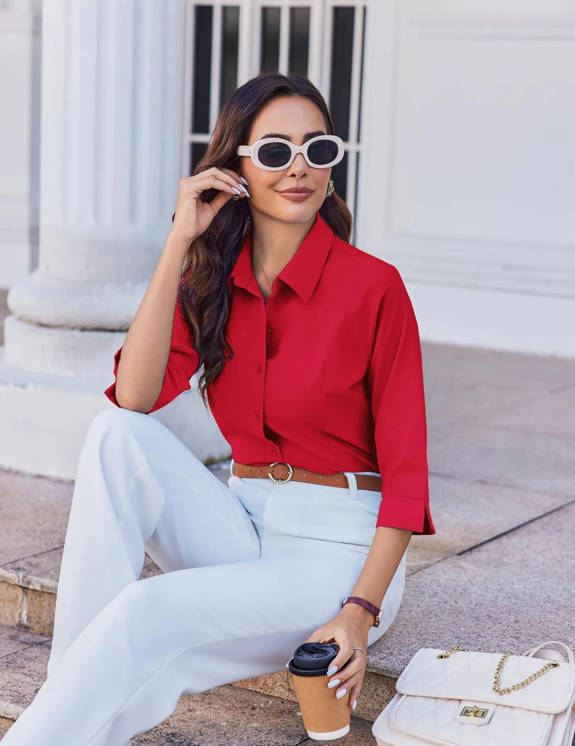 HOTOUCH Women Button Down Shirts 3/4 Sleeve Basic Business Dress Shirt Slim Fitted Classic V Neck Button Up Work Blouse Tops