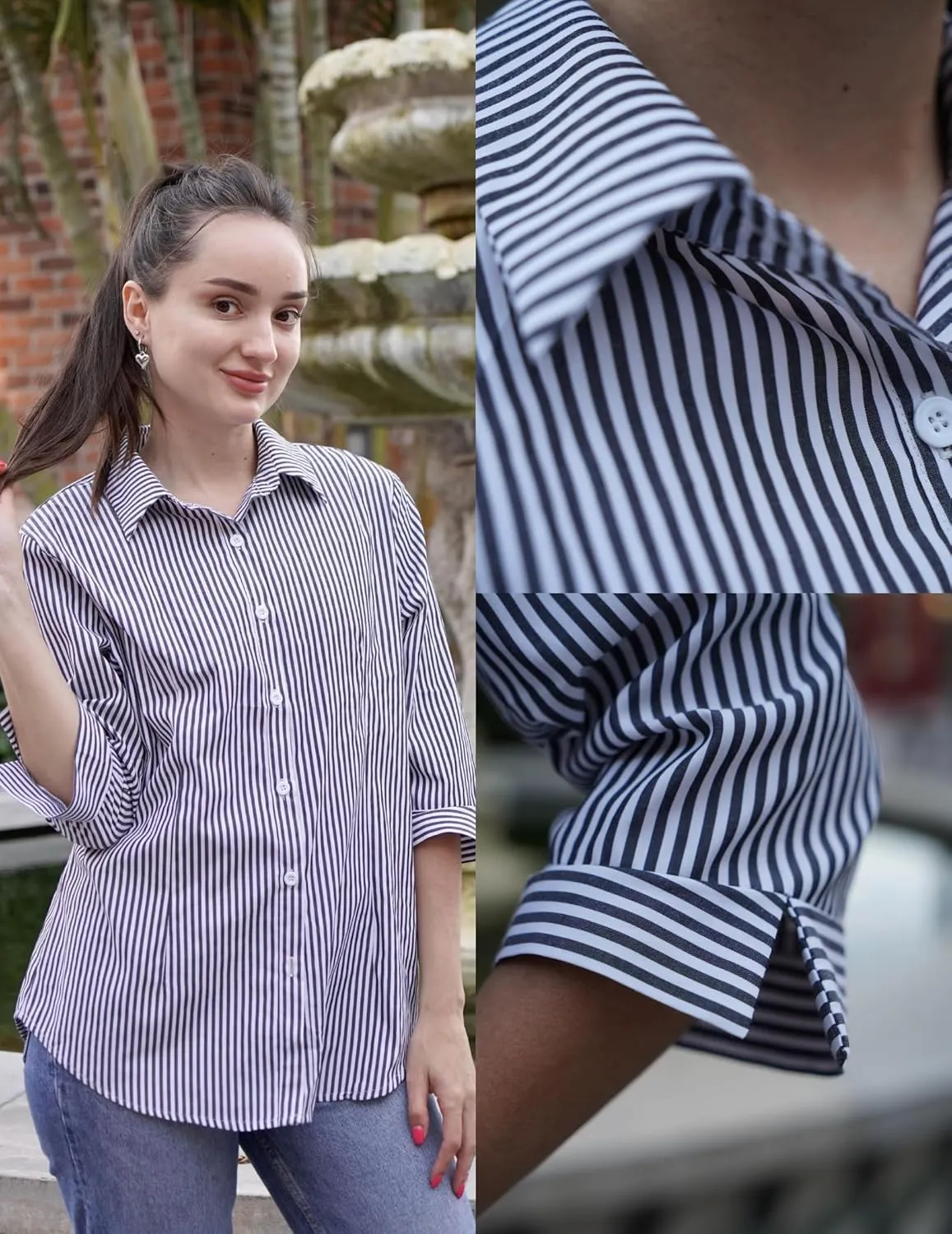 HOTOUCH Women Button Down Shirts 3/4 Sleeve Basic Business Dress Shirt Slim Fitted Classic V Neck Button Up Work Blouse Tops