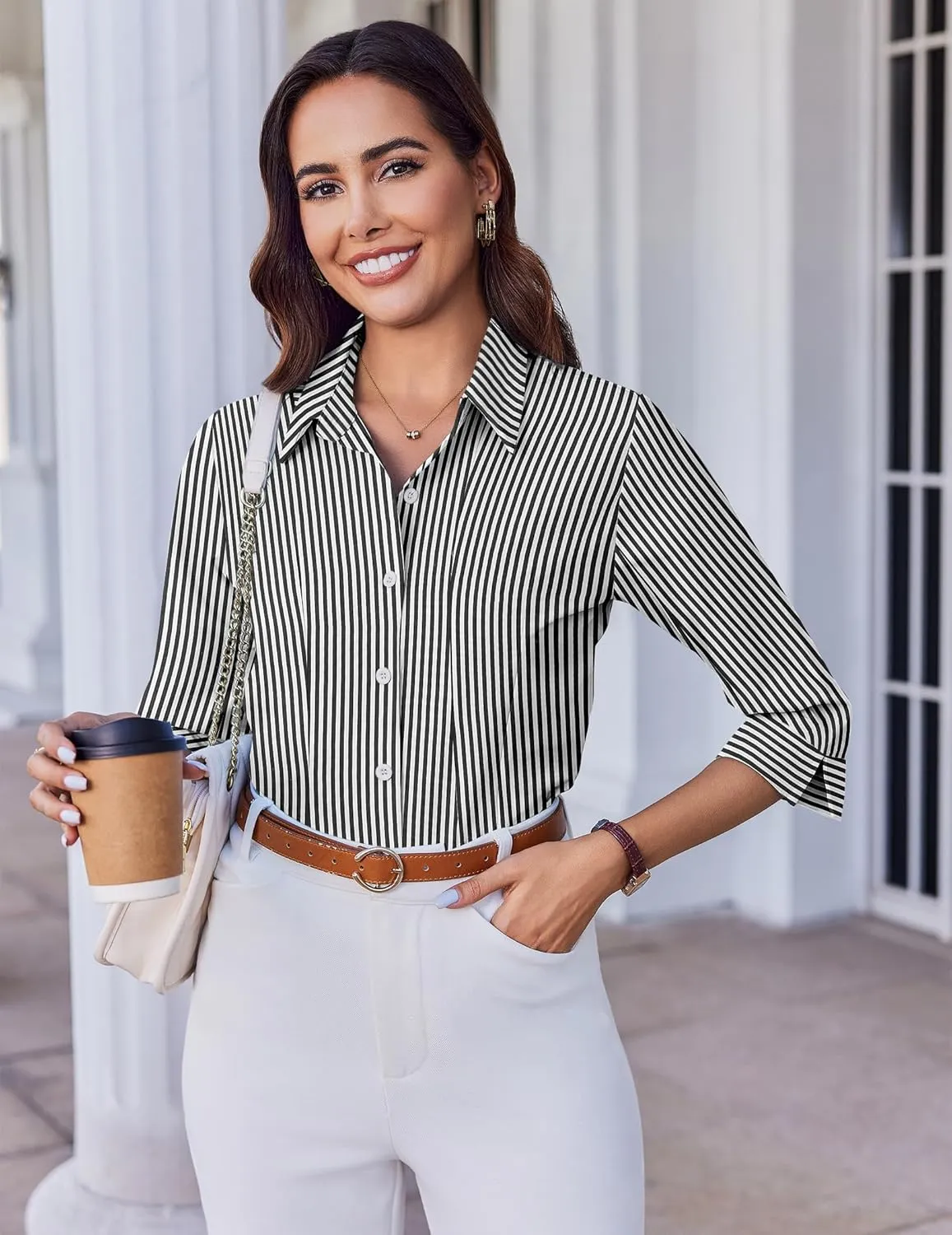 HOTOUCH Women Button Down Shirts 3/4 Sleeve Basic Business Dress Shirt Slim Fitted Classic V Neck Button Up Work Blouse Tops