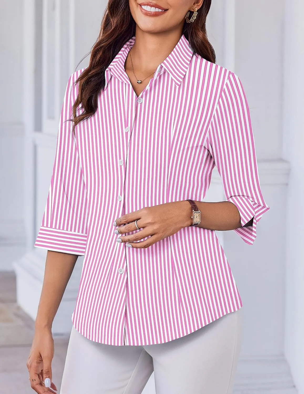 HOTOUCH Women Button Down Shirts 3/4 Sleeve Basic Business Dress Shirt Slim Fitted Classic V Neck Button Up Work Blouse Tops