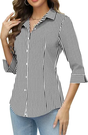 HOTOUCH Women Button Down Shirts 3/4 Sleeve Basic Business Dress Shirt Slim Fitted Classic V Neck Button Up Work Blouse Tops
