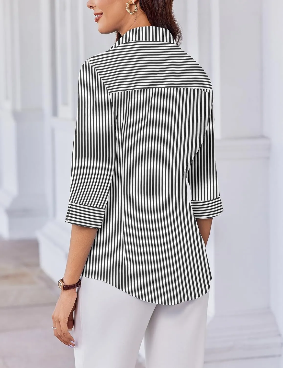 HOTOUCH Women Button Down Shirts 3/4 Sleeve Basic Business Dress Shirt Slim Fitted Classic V Neck Button Up Work Blouse Tops