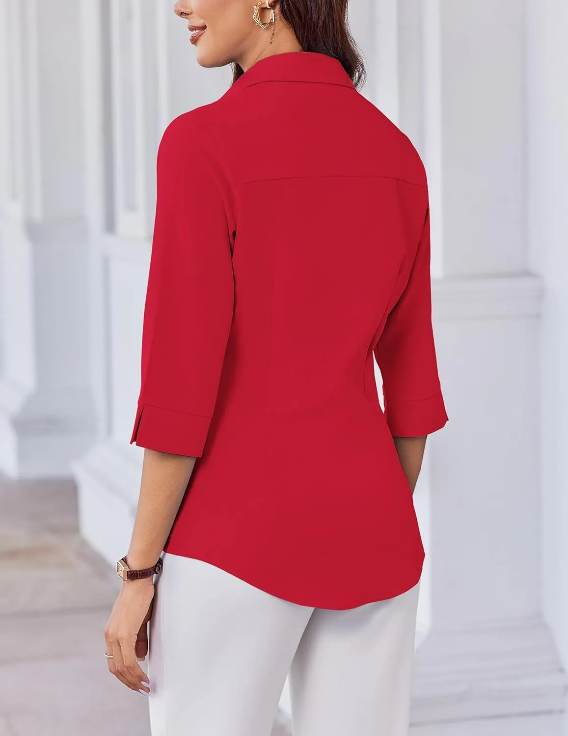 HOTOUCH Women Button Down Shirts 3/4 Sleeve Basic Business Dress Shirt Slim Fitted Classic V Neck Button Up Work Blouse Tops