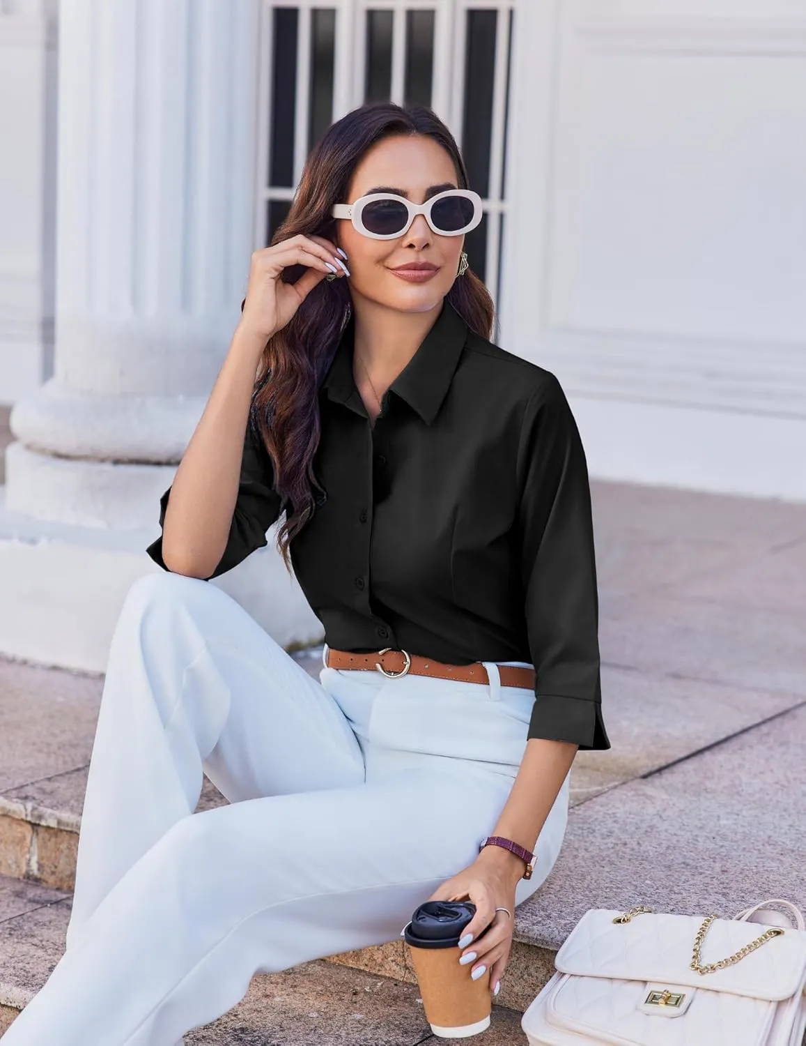 HOTOUCH Women Button Down Shirts 3/4 Sleeve Basic Business Dress Shirt Slim Fitted Classic V Neck Button Up Work Blouse Tops