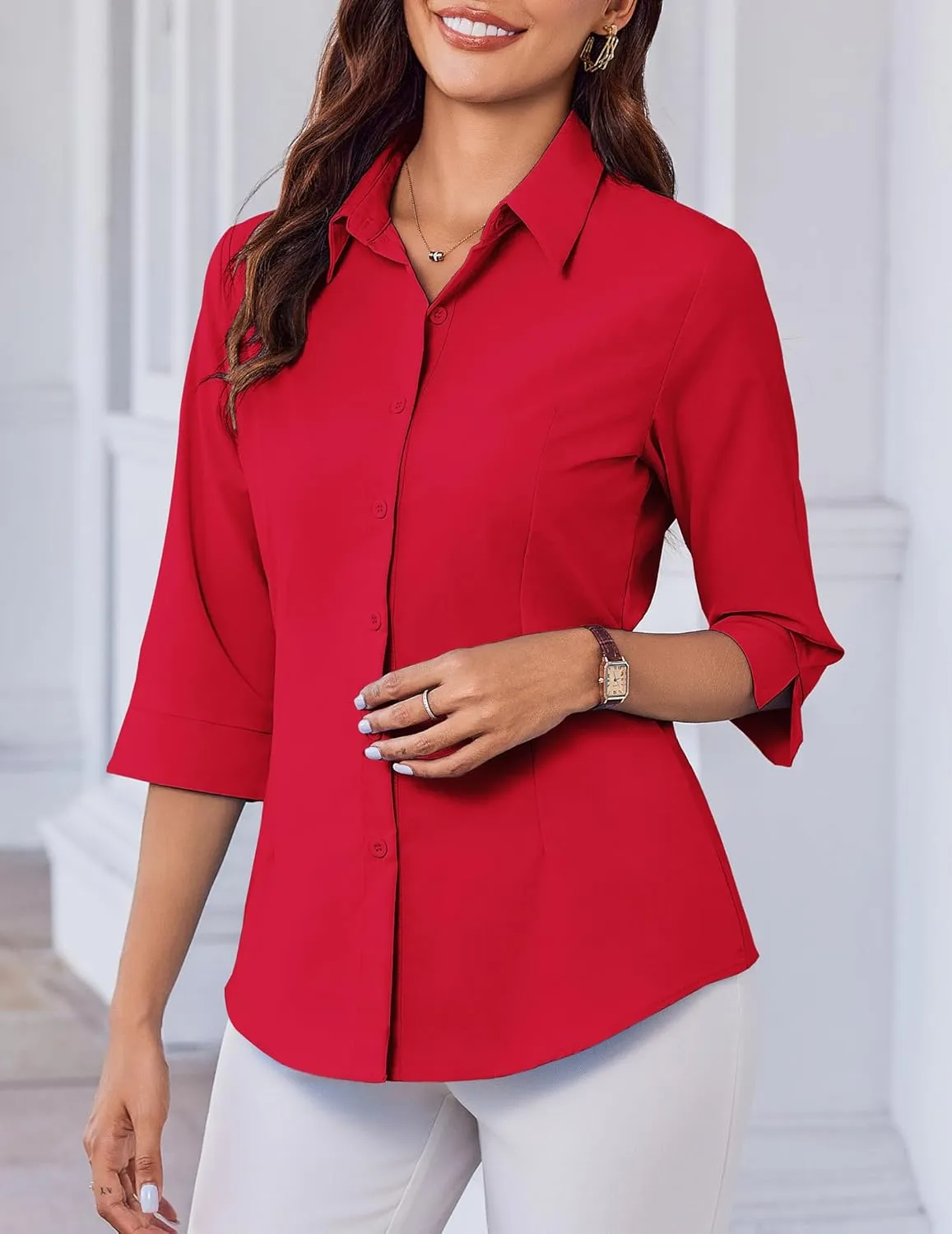 HOTOUCH Women Button Down Shirts 3/4 Sleeve Basic Business Dress Shirt Slim Fitted Classic V Neck Button Up Work Blouse Tops
