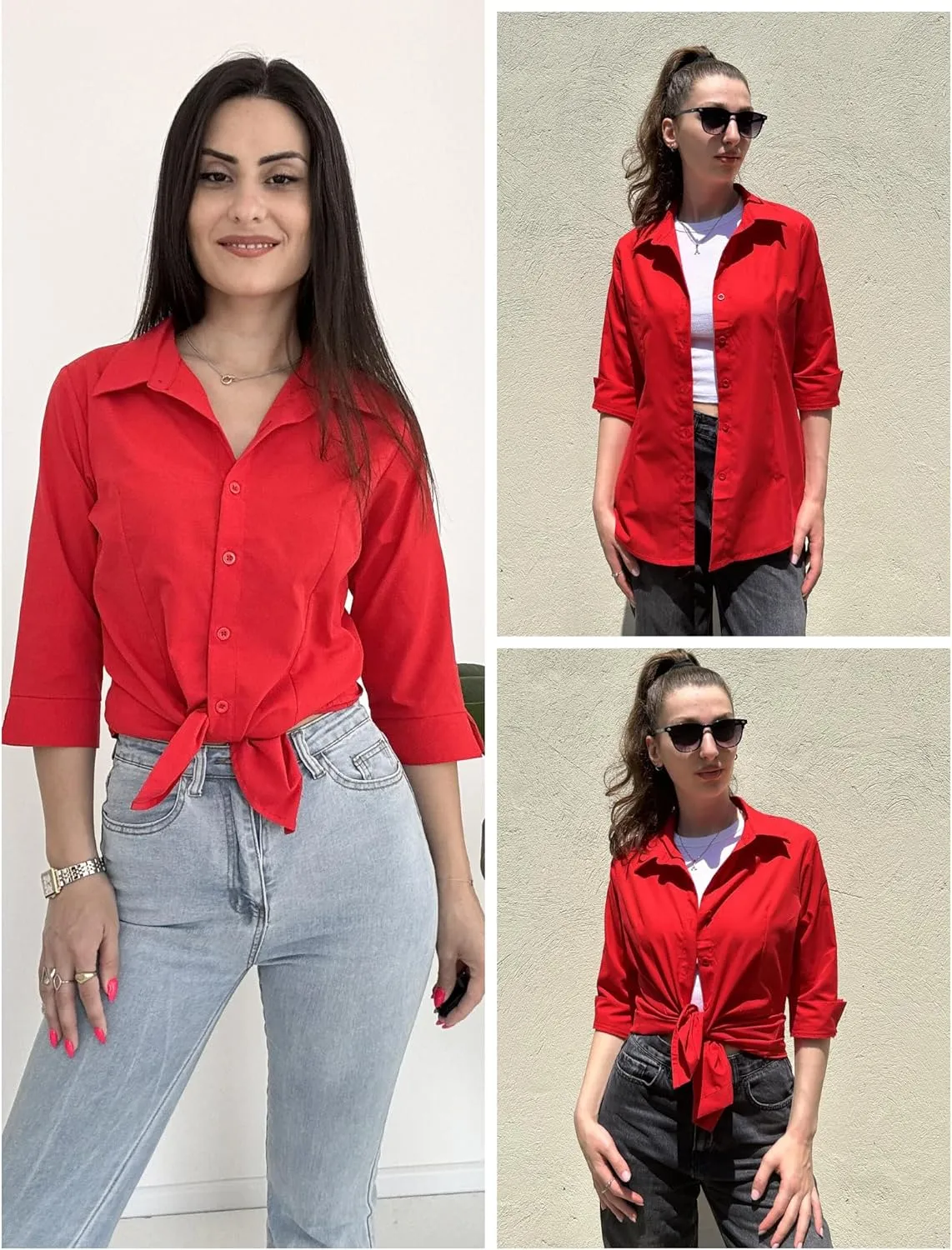 HOTOUCH Women Button Down Shirts 3/4 Sleeve Basic Business Dress Shirt Slim Fitted Classic V Neck Button Up Work Blouse Tops