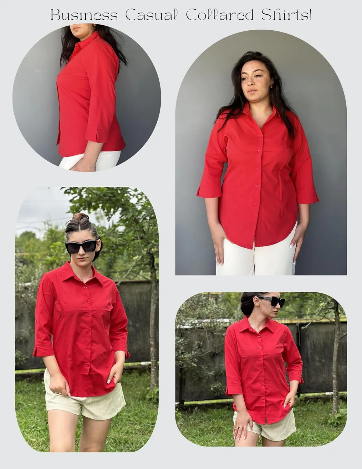 HOTOUCH Women Button Down Shirts 3/4 Sleeve Basic Business Dress Shirt Slim Fitted Classic V Neck Button Up Work Blouse Tops