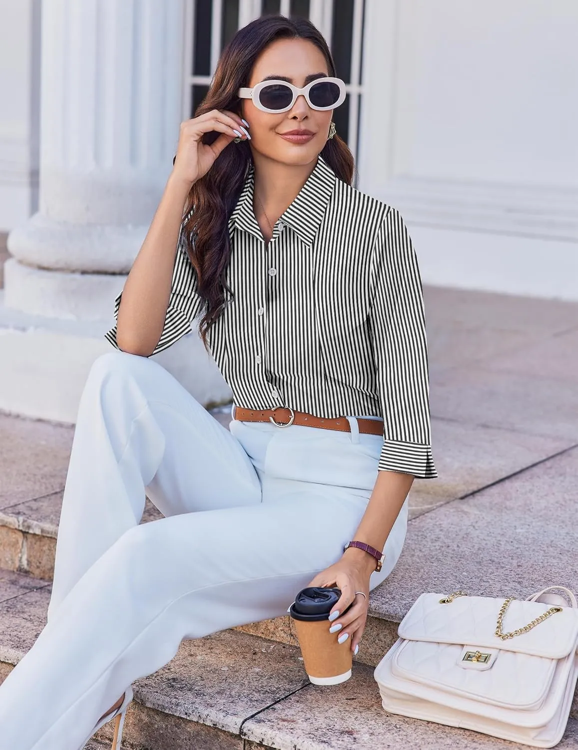 HOTOUCH Women Button Down Shirts 3/4 Sleeve Basic Business Dress Shirt Slim Fitted Classic V Neck Button Up Work Blouse Tops