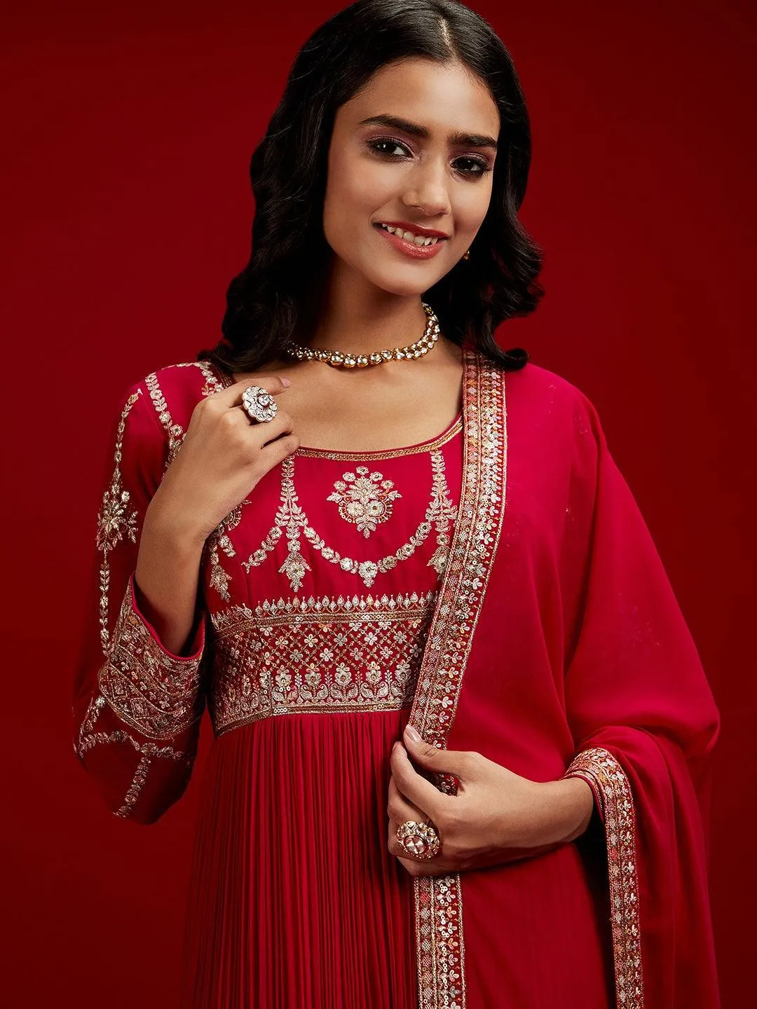 Jashvi Art Pink Yoke Design Georgette A-Line Kurta With Trousers & Dupatta