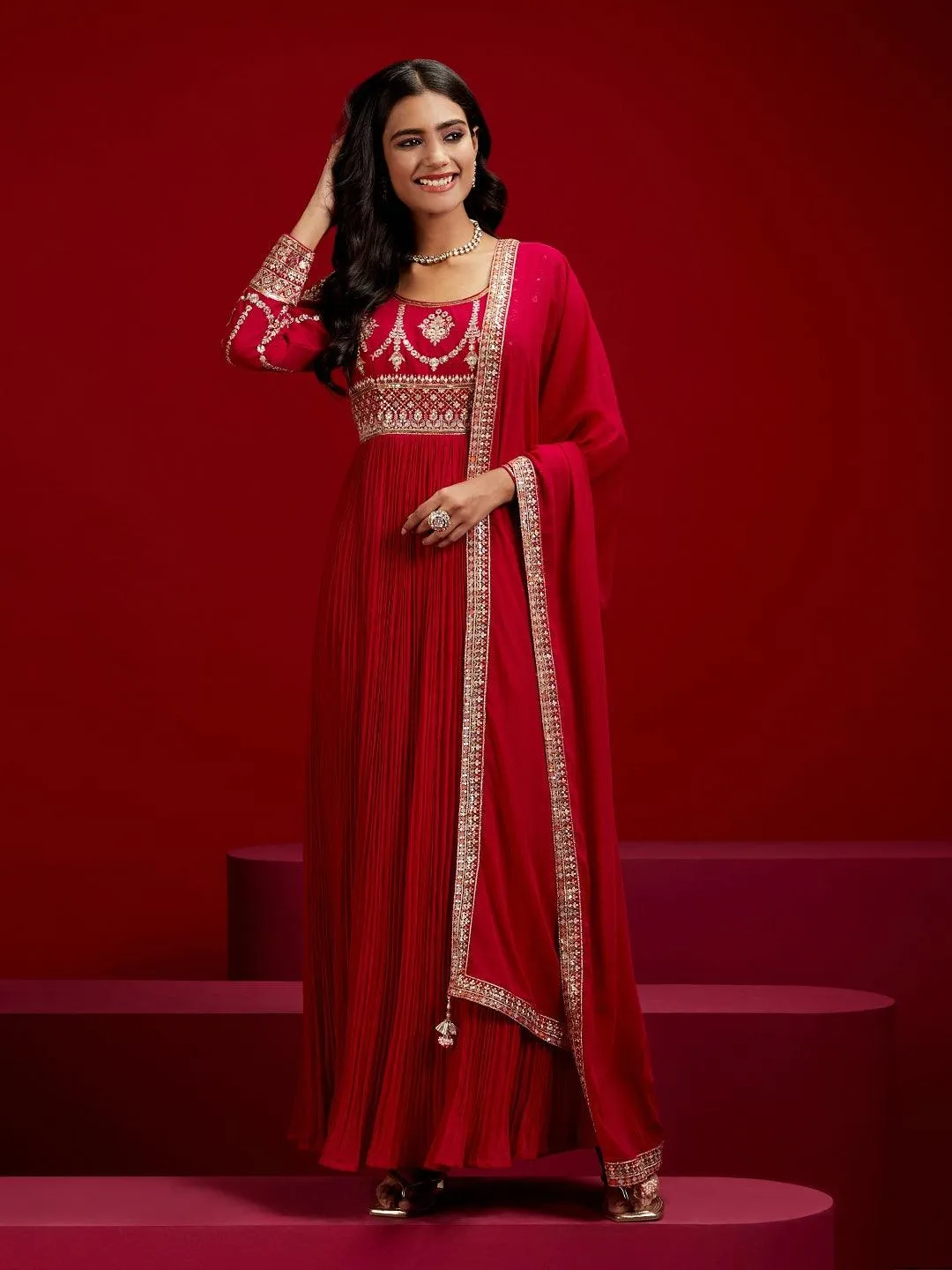 Jashvi Art Pink Yoke Design Georgette A-Line Kurta With Trousers & Dupatta