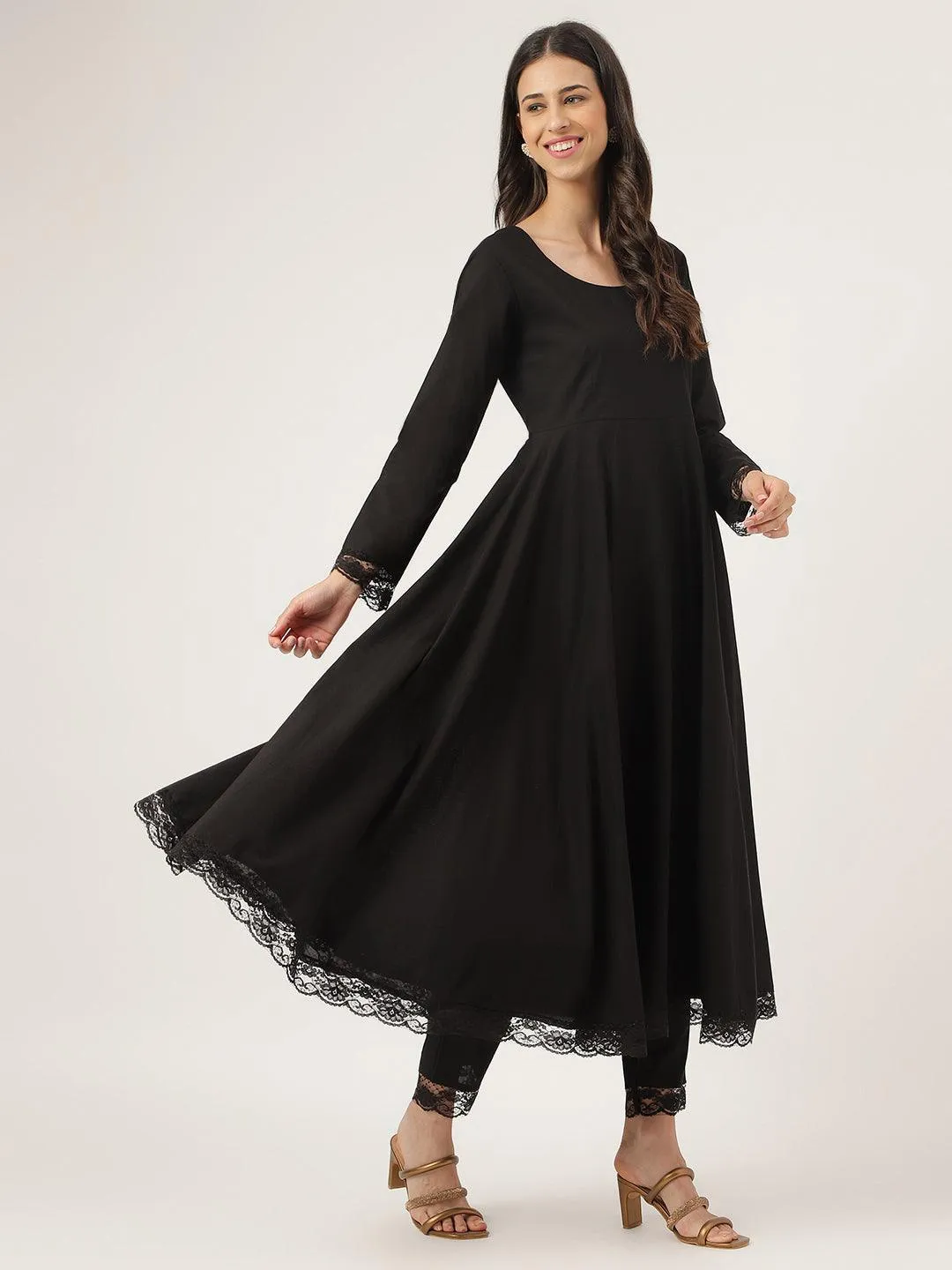 Jashvi Black Solid Anarkali Kurta Pant set with Dupatta