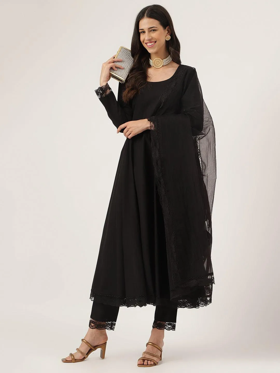 Jashvi Black Solid Anarkali Kurta Pant set with Dupatta