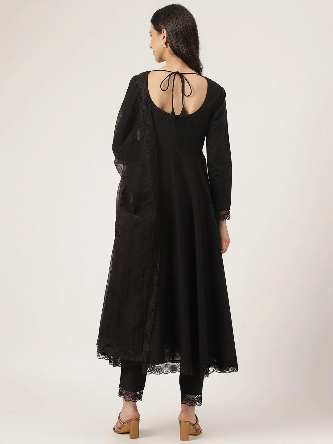 Jashvi Black Solid Anarkali Kurta Pant set with Dupatta