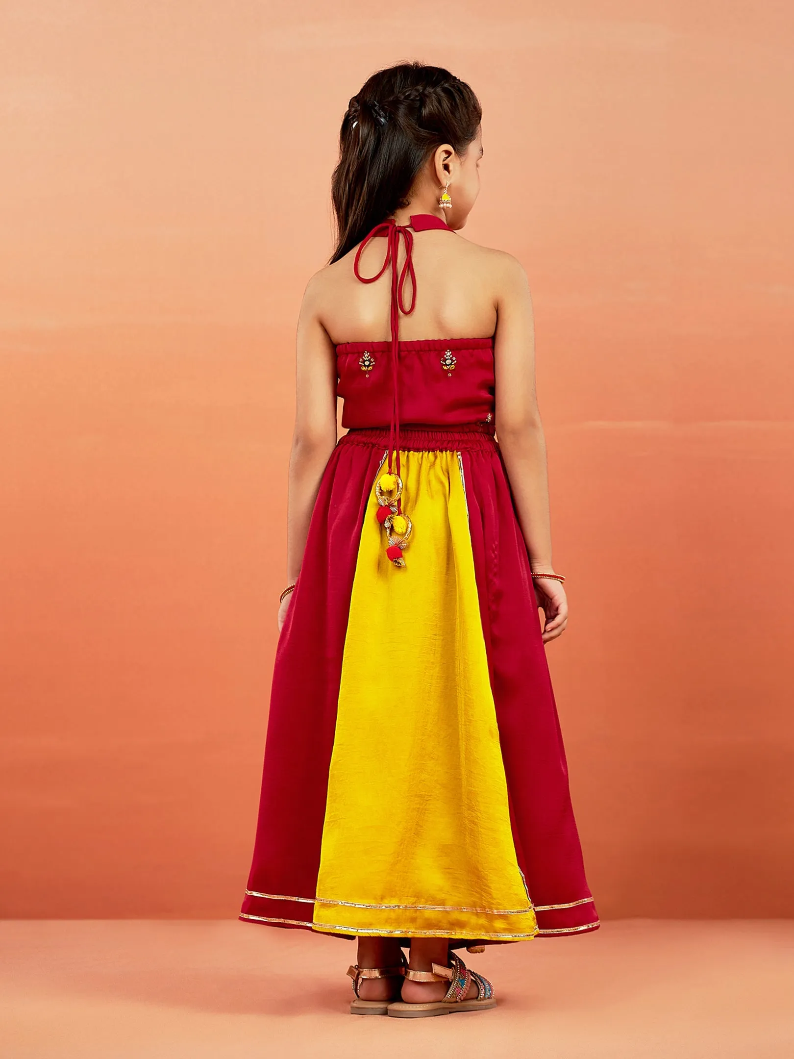 Jashvi Girls' Yellow And Red Lehenga Set