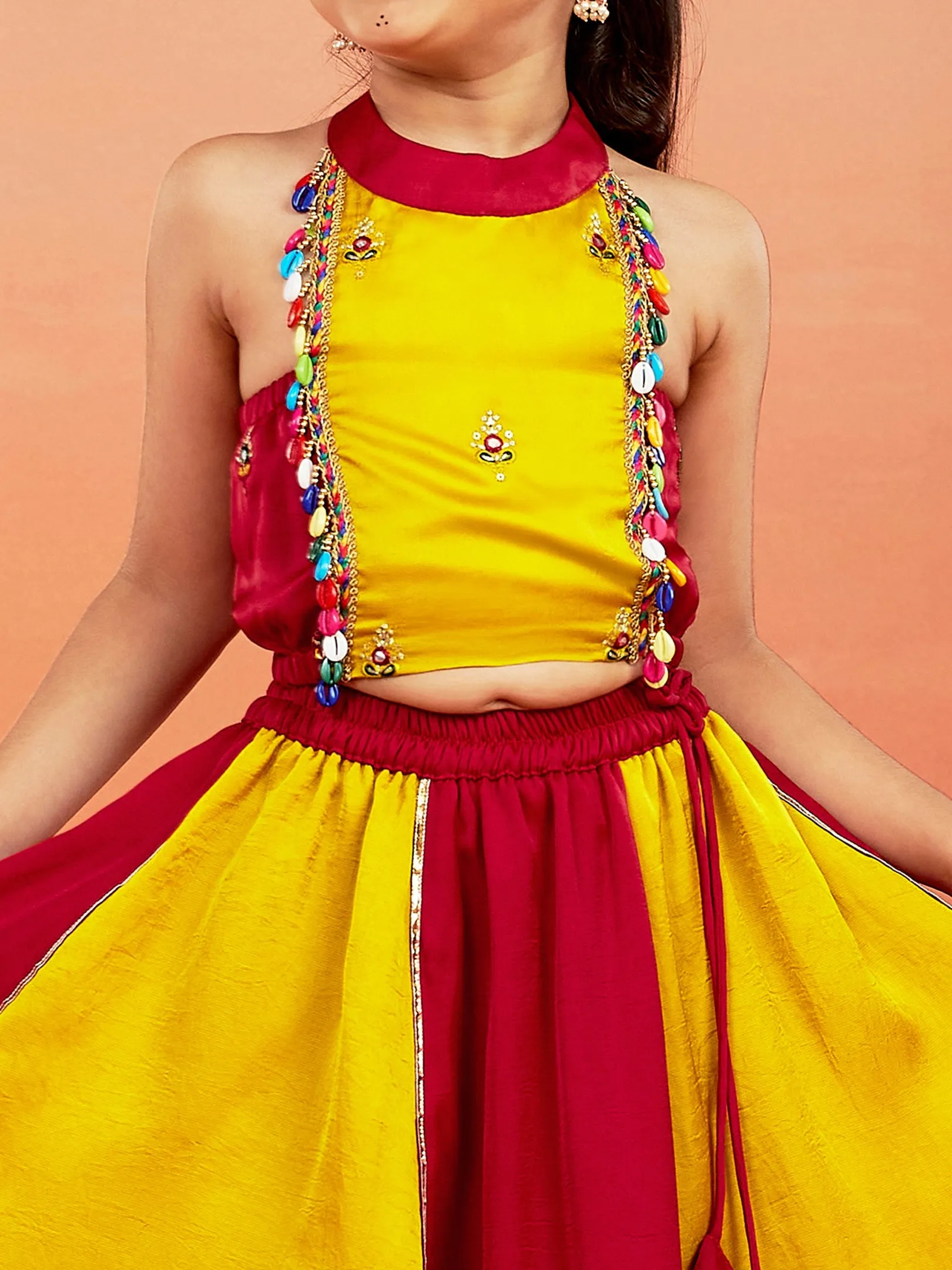 Jashvi Girls' Yellow And Red Lehenga Set
