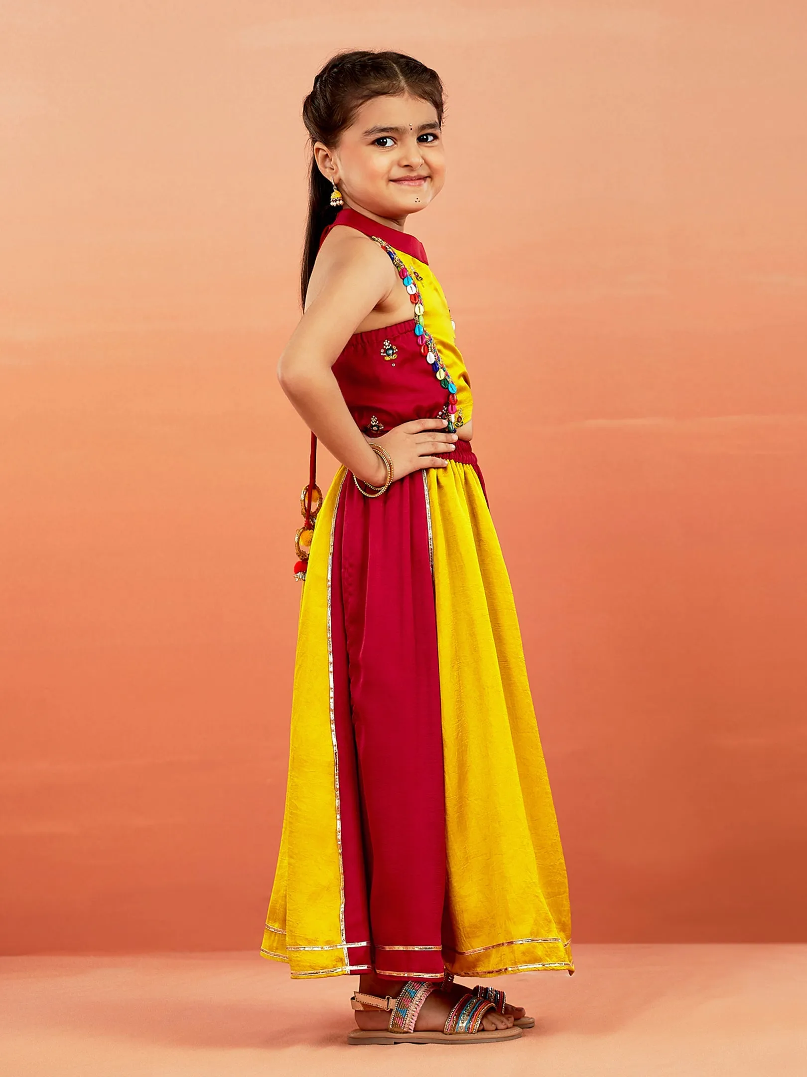 Jashvi Girls' Yellow And Red Lehenga Set