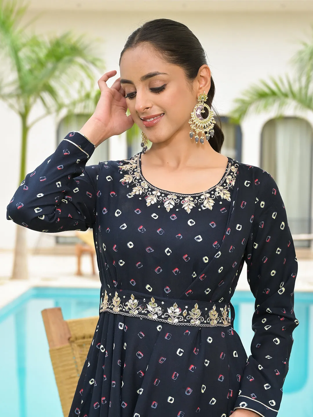 Jashvi Navy Blue Bandhani Print Flared Long Dress with Belt