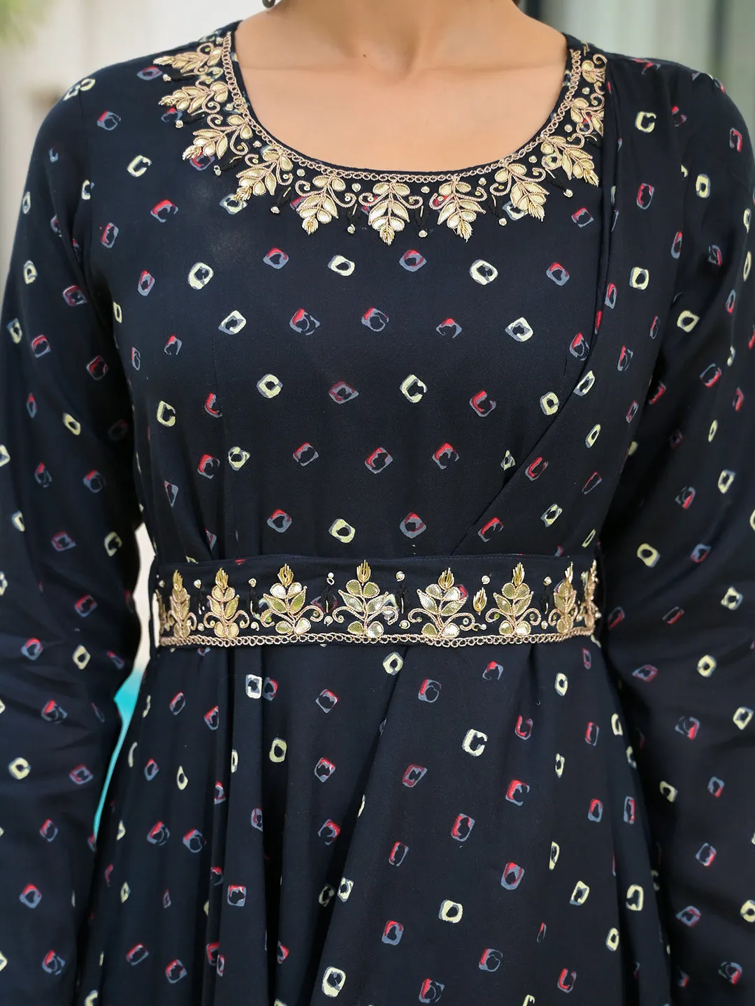 Jashvi Navy Blue Bandhani Print Flared Long Dress with Belt