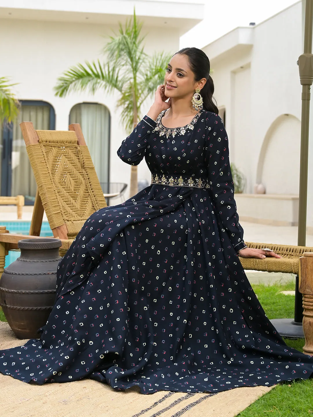 Jashvi Navy Blue Bandhani Print Flared Long Dress with Belt