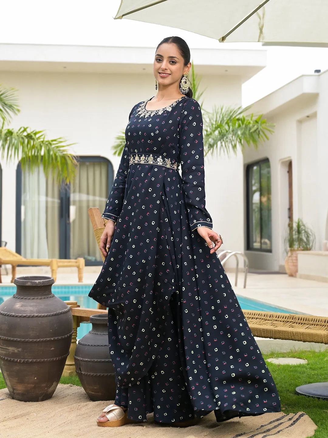 Jashvi Navy Blue Bandhani Print Flared Long Dress with Belt