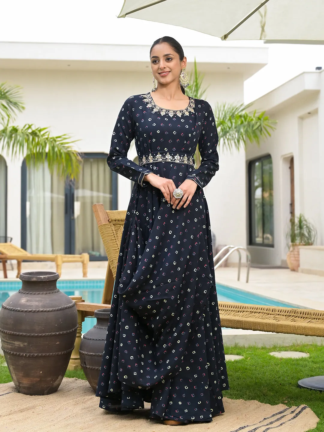 Jashvi Navy Blue Bandhani Print Flared Long Dress with Belt